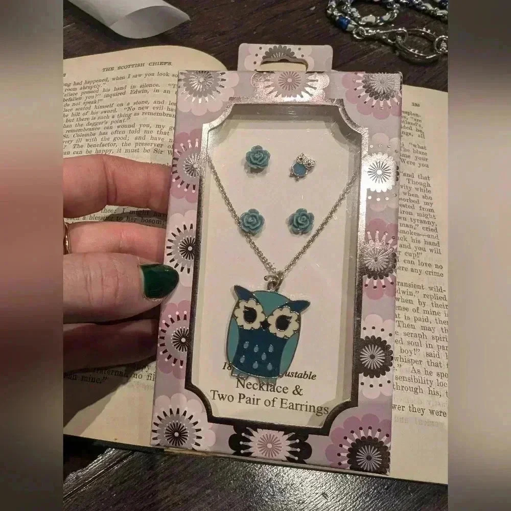 Blue owl necklace and earring set